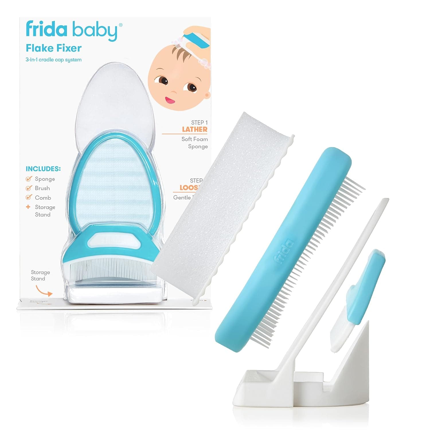Frida Baby DermaFrida FlakeFixer | 3-Piece Set Against Milk Scab in Babies | With Sponge, Brush, Comb & Stand | Gentle Scalp Care from Birth | Soothes & Removes Dandruff Gently