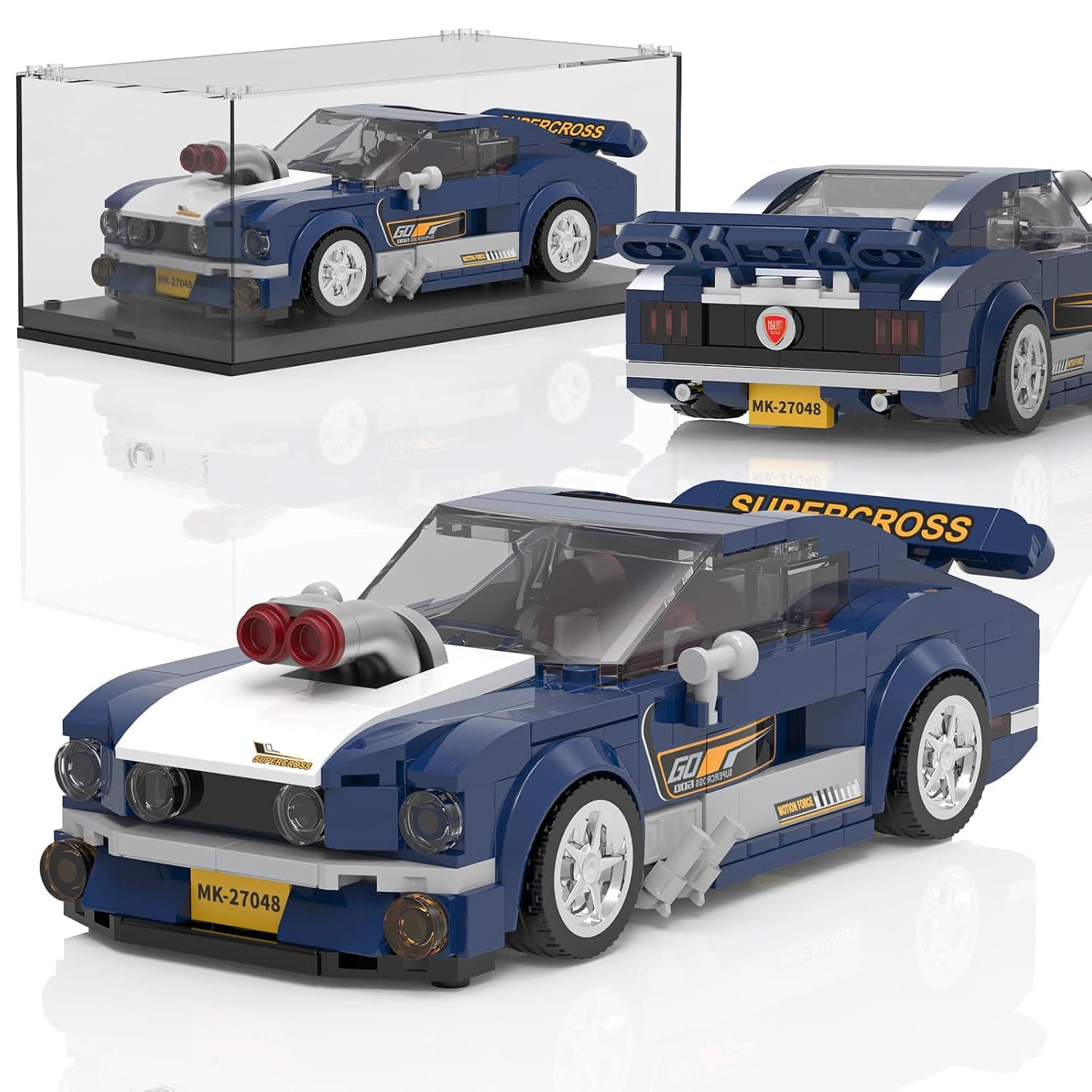 Mould King Speed Champion Mustang Sports Car Series with Acrylic Display Case, Technical Building Blocks, 27048 Clamping Blocks, Racing Car Kits, Collectable Model Car, Racing Car Construction Toy for