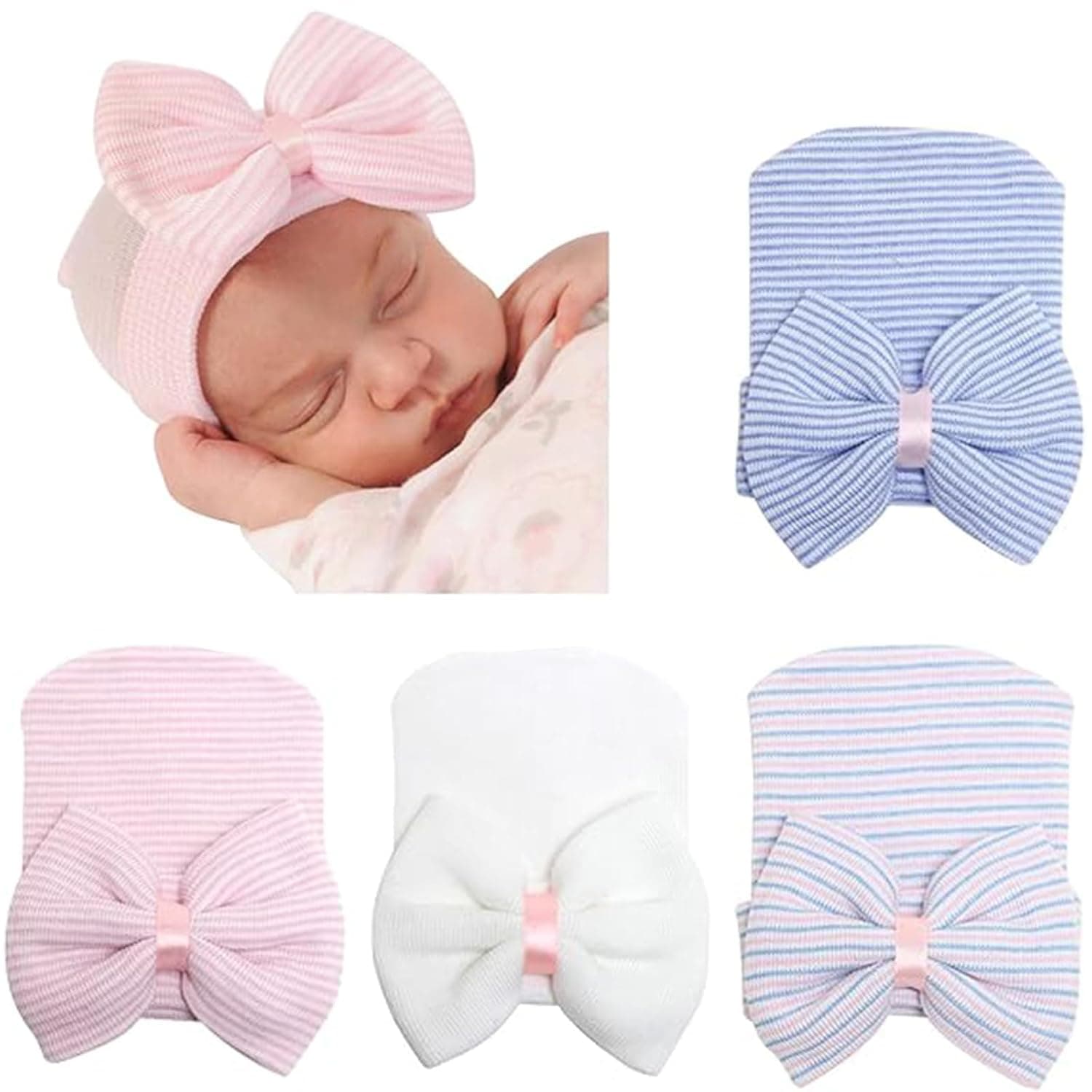 Tazweeq 4-Pack Newborn Cotton Baby Hats, Soft Breathable Infant Caps with Big Bow & Knot, Adjustable Beanie for Nursery & Hospital Essentials, Baby Shower Gift