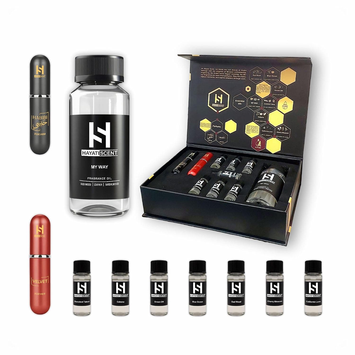 My Way diffuser oil, 120mL, Luxury hotel scents, oud, leather, sandalwood, iris, cedar. Includes 5mL each: Cabana, Blue Ocean, Oud, Dream On, CA Love, Cherry Blossom, Taboo, Habibi, Velvet.