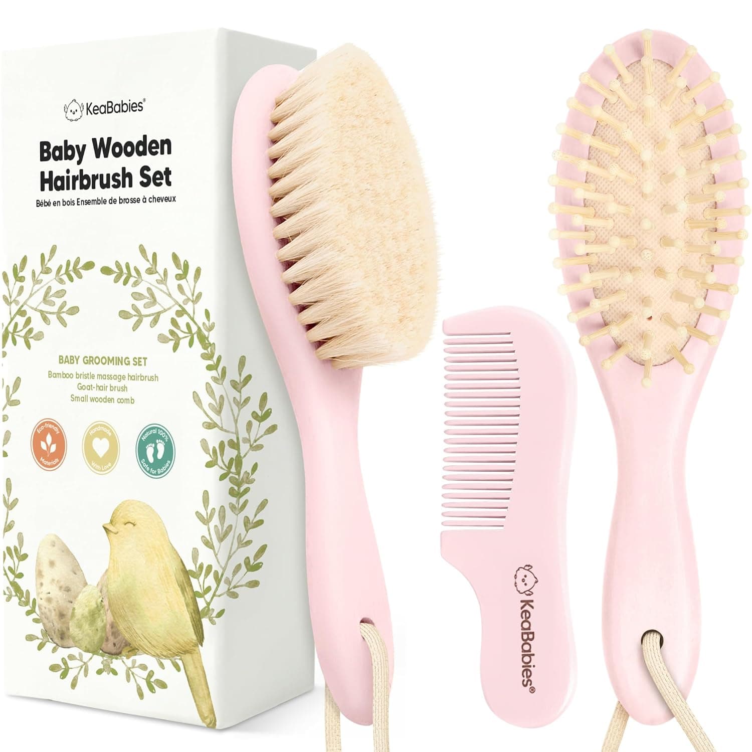 Wooden Baby Hair Brush Set for Newborns, Toddler Comb (Blush, Regular) | Soft Goat Bristle, Baby Brush and Comb Set, Infant Grooming Kit, Cradle Cap Care, Durable & Gentle, Boy, Girl Bath Essential