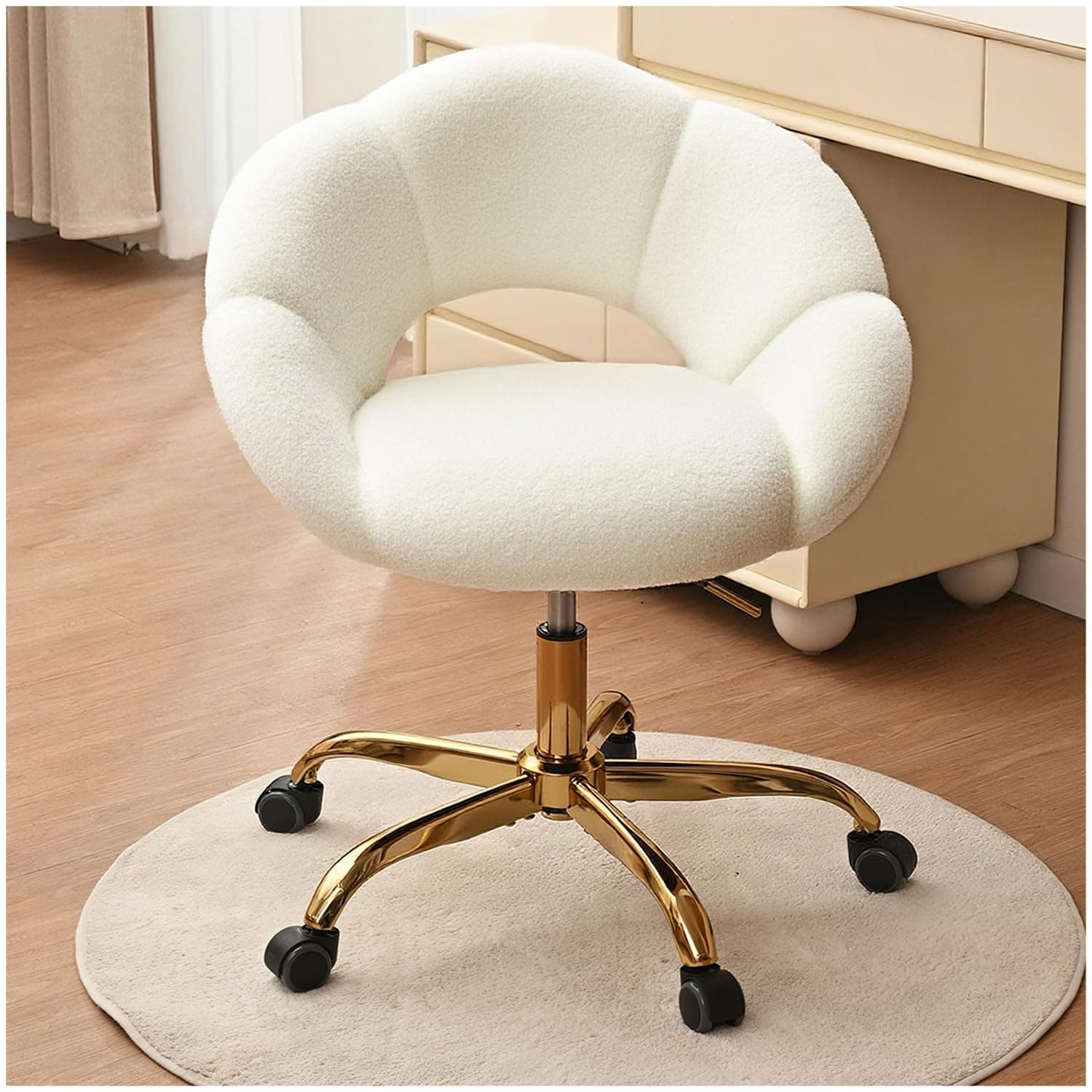 Desk Chair, Dressing Table Chair, Boucle Home Office Chair, Swivel Chair, Office Chair, Height Adjustable, Gold Legs Desk Chair, Aesthetic Makeup Chair with Wheels for Bedroom (Beige)