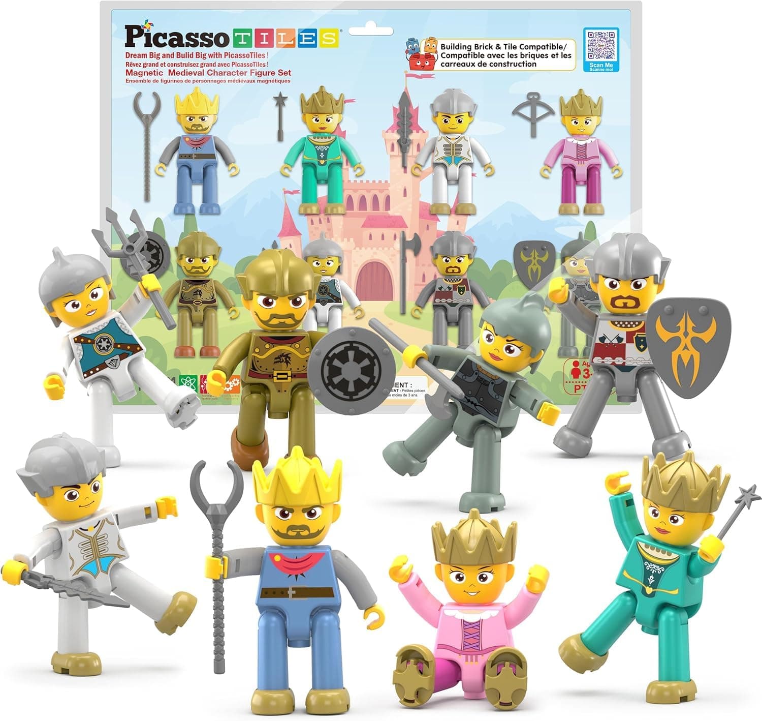 Picasso Toys Magnetic Action Figures 8 Piece Medieval King and Knights Character for Building Blocks Tiles Construction Toddler Toy Set Magnets Expansion Pack Educational STEM Pretend Playset PTA13