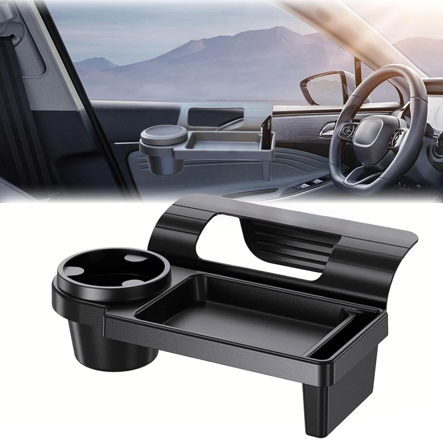 YelaJoy Car Window Organizer, Door Side Storage Tray with Hanging Cup Holder, Vehicle Interior Storage Box for Phones and Keys, Auto Door Pocket for Small Items, Black Window Gap Holder