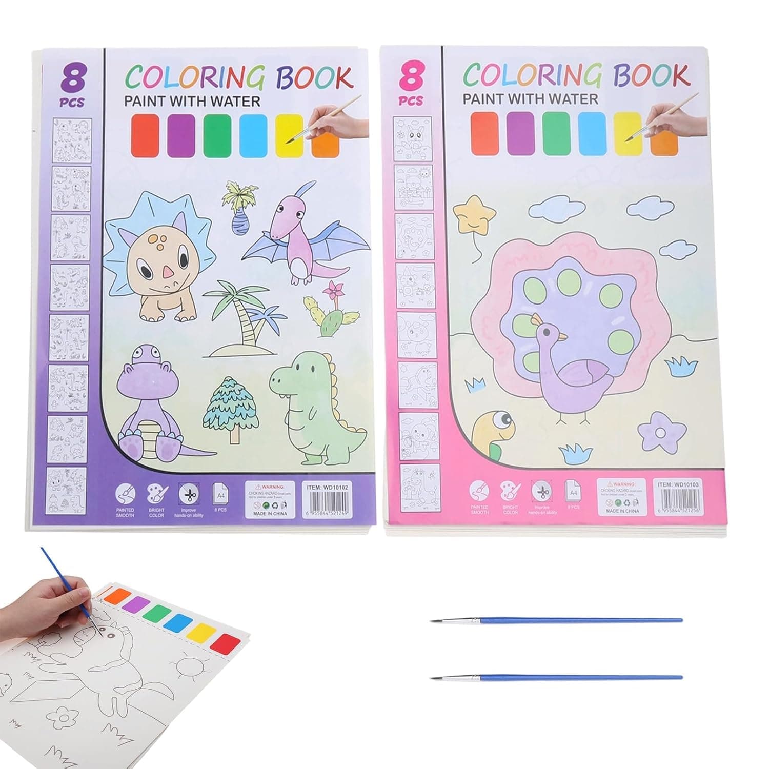 2 Pack Watercolour Paint Books for Kids, Mess-Free Magic Coloring Set with Animal and Dinosaur Themes for Kids Crafts Drawing Activities with Mess Free Colouring Paper for Kids