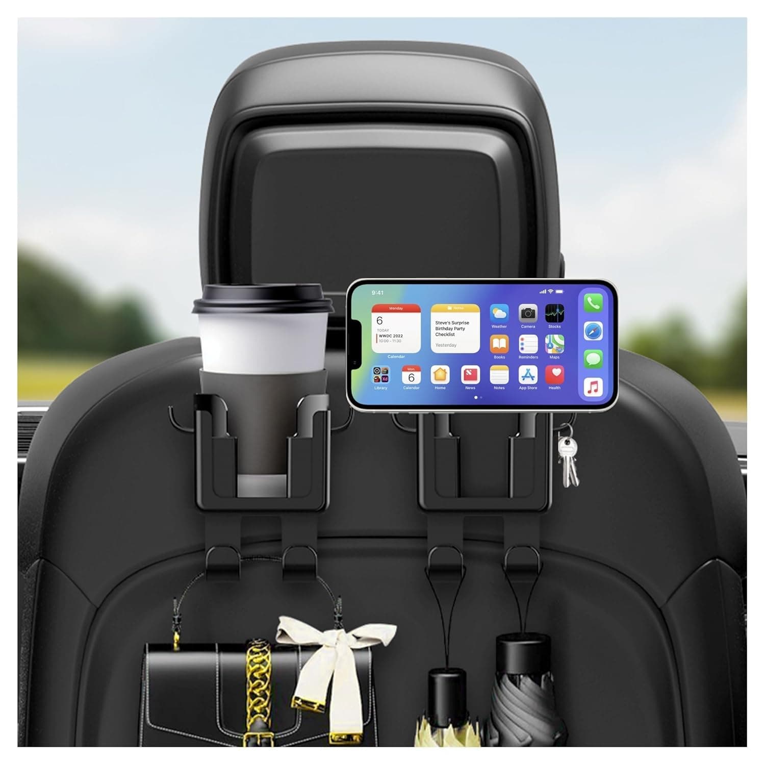 Car Back Seat Organizer, 2 PCS Multifunctional Hooks, Cup Holder, & Phone Holder, Universal Car Accessories for Umbrellas, Keys, Bags, Extra Car Cup Holder for Most Vehicles
