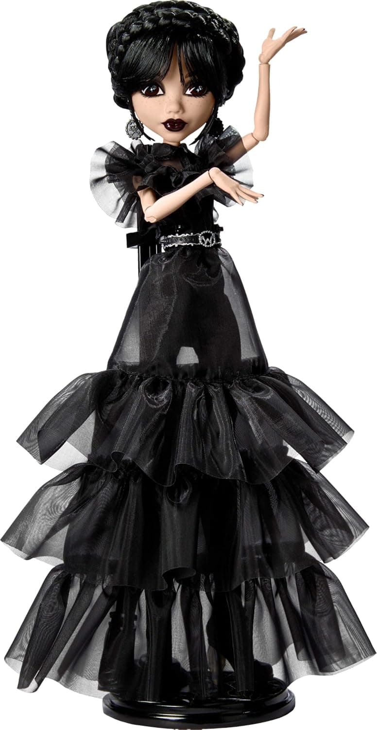 Monster High Wednesday Doll Rave'N Wednesday Collectable Figurine in Black Gothic Dress Dance Scene Inspired Premium Accessories and Doll Stand HXJ03