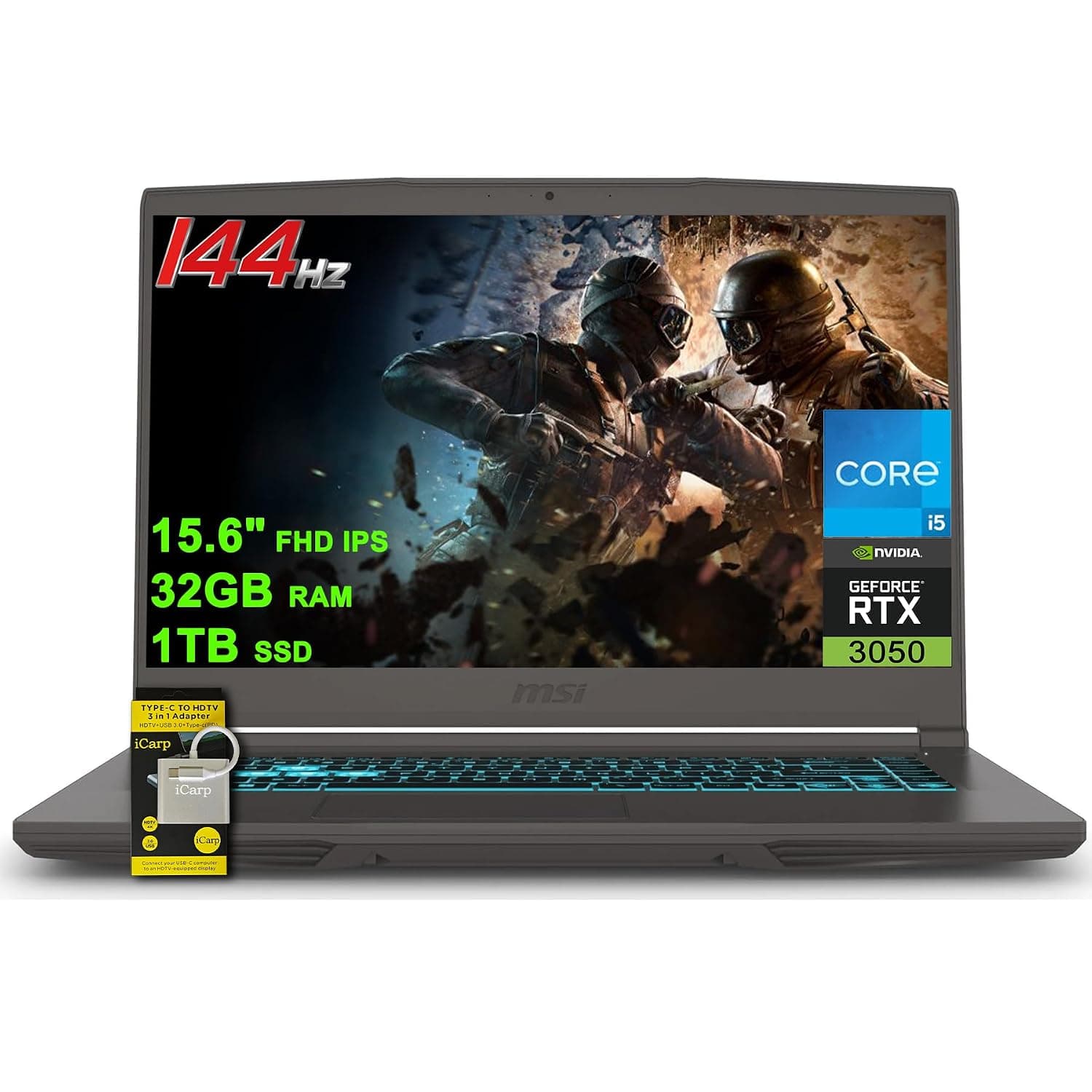 MSI Thin 15 Gaming Laptop 15.6" FHD IPS 144Hz Intel 8-core i5-13420H (Beats i7-11800H) 32GB RAM 1TB SSD GeForce RTX 3050 Backlit USB-C Win11 w/ICP Hub