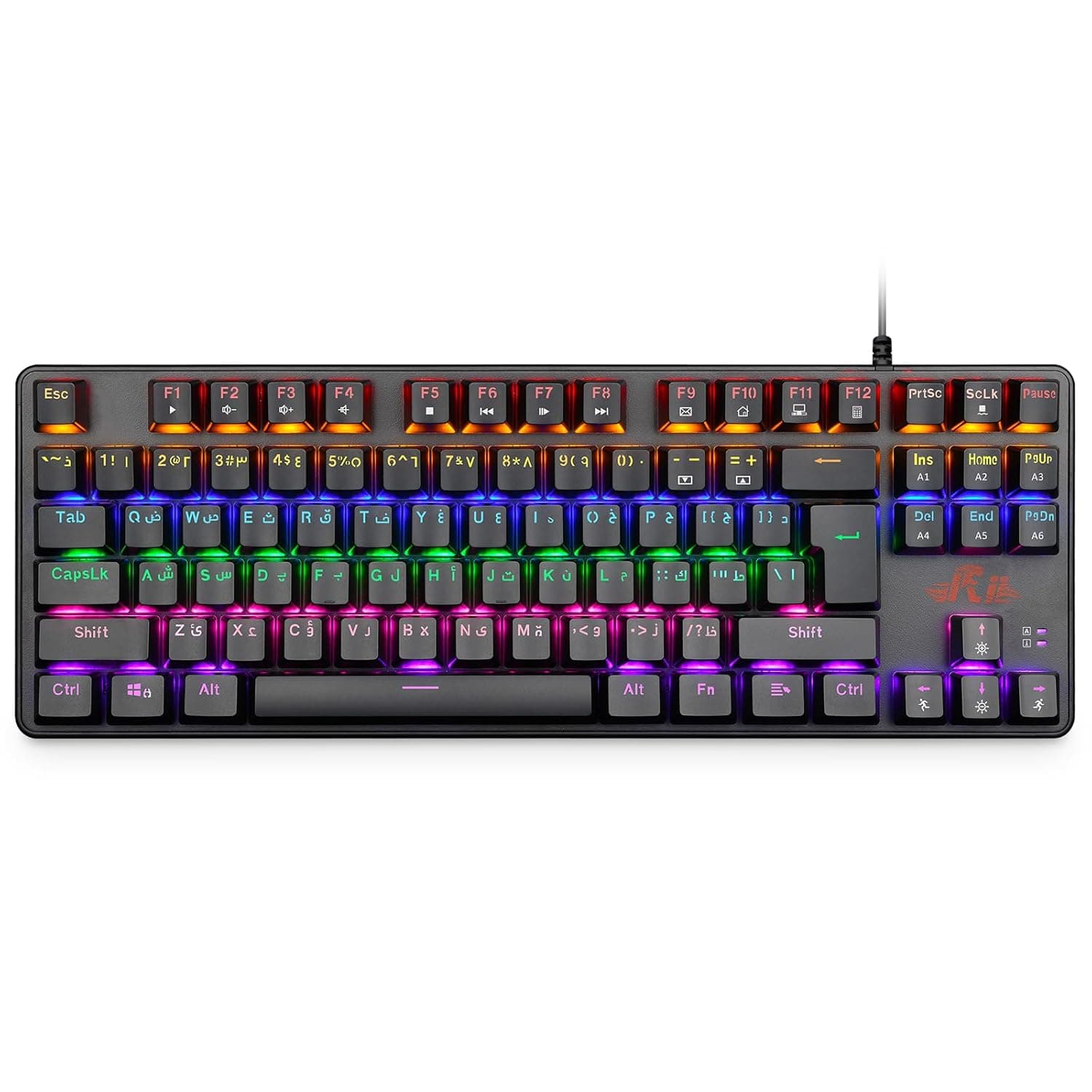كيبورد ألعاب ميكانيكي RK908 80% عربي وإنجليزي (9 أوضاع إضاءة خلفية) مزود بمفاتيح زرقاء مع 7 ألوان و88 مفتاح للكمبيوتر لأنظمة ويندوز وماك من ري - تصميم عربي