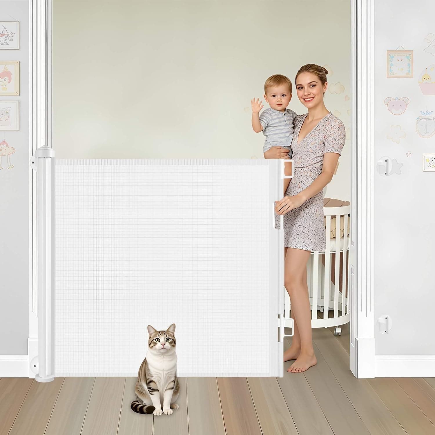 Retractable Baby Gate, Hardware Mounted or No-Drill Install, Safety Gate for Children