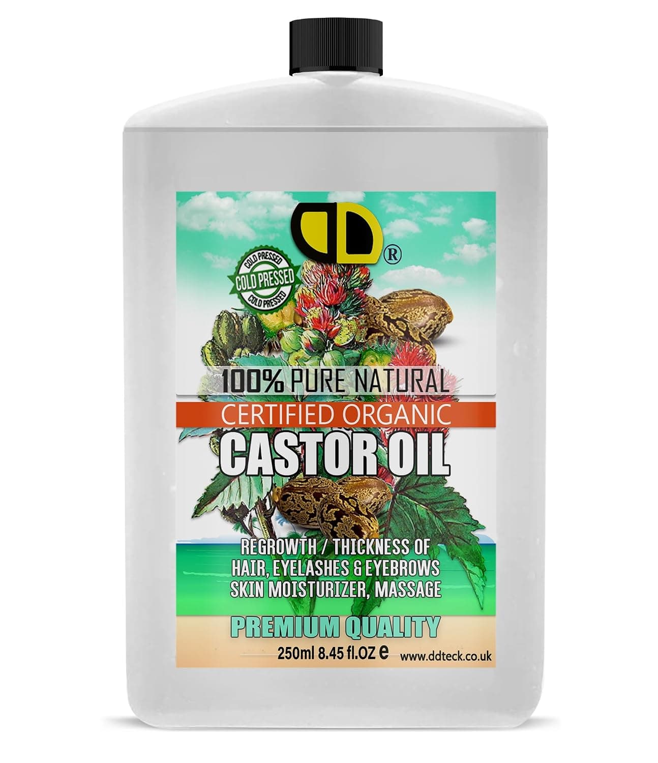 100% Pure & Natural Organic Castor Oil | Hair, Eyelashes, Eyebrows Growth, Body, Beard & nails Vegan and Cruelty Free (250ml Postal)