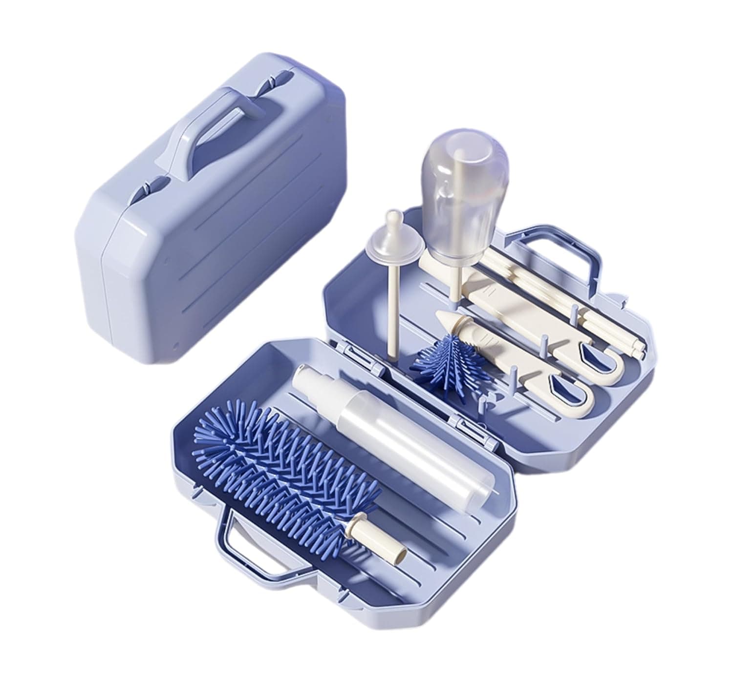 Travel Bottle Cleaner Kit with Baby Bottle Brush Set Stand Travel Children Bottle Cleaner Kit (Blue)