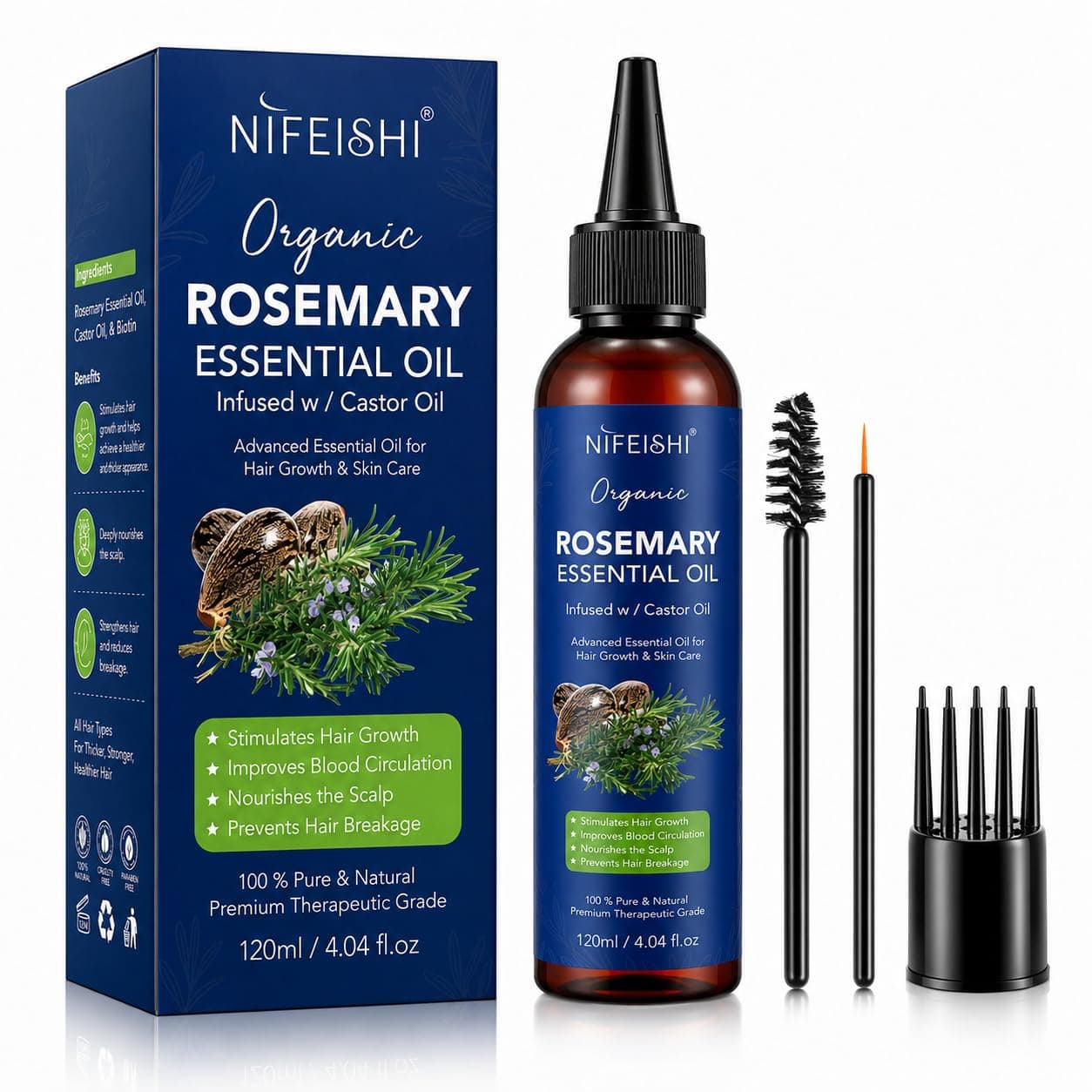 Organic Rosemary Essential Oil, Infused with Castor Oil, Stimulates Growth, 120ml