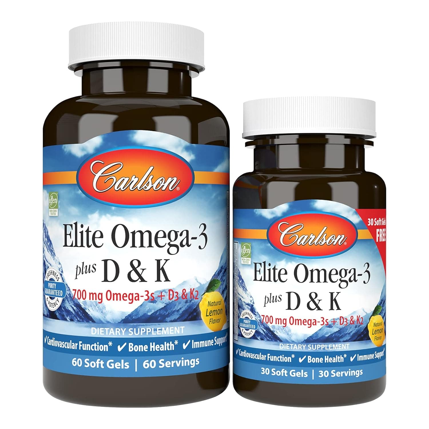 Carlson Labs, Elite Omega-3 Plus D & K, Natural Lemon Flavor, 60 + 30 Free Soft Gels