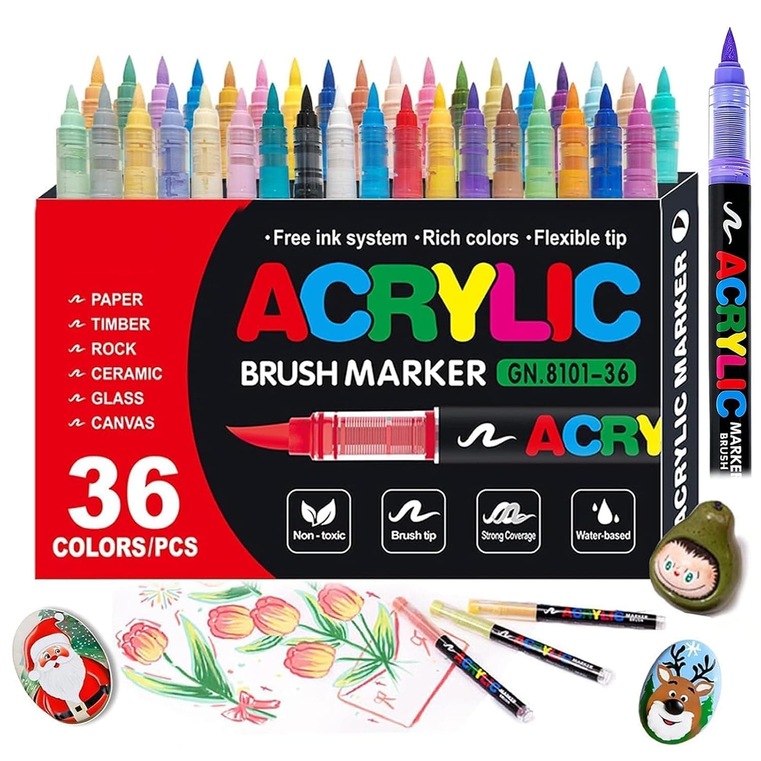 Bonore 36 Colors Acrylic Markers, Soft Brush Tip for Canvas, Rock & Glass | Acrylic Paint Pens set, Non-Toxic Water-Based, Quick-Drying & Waterproof, Color-Coded Caps, 36 Vibrant Colors for Wood, Craft