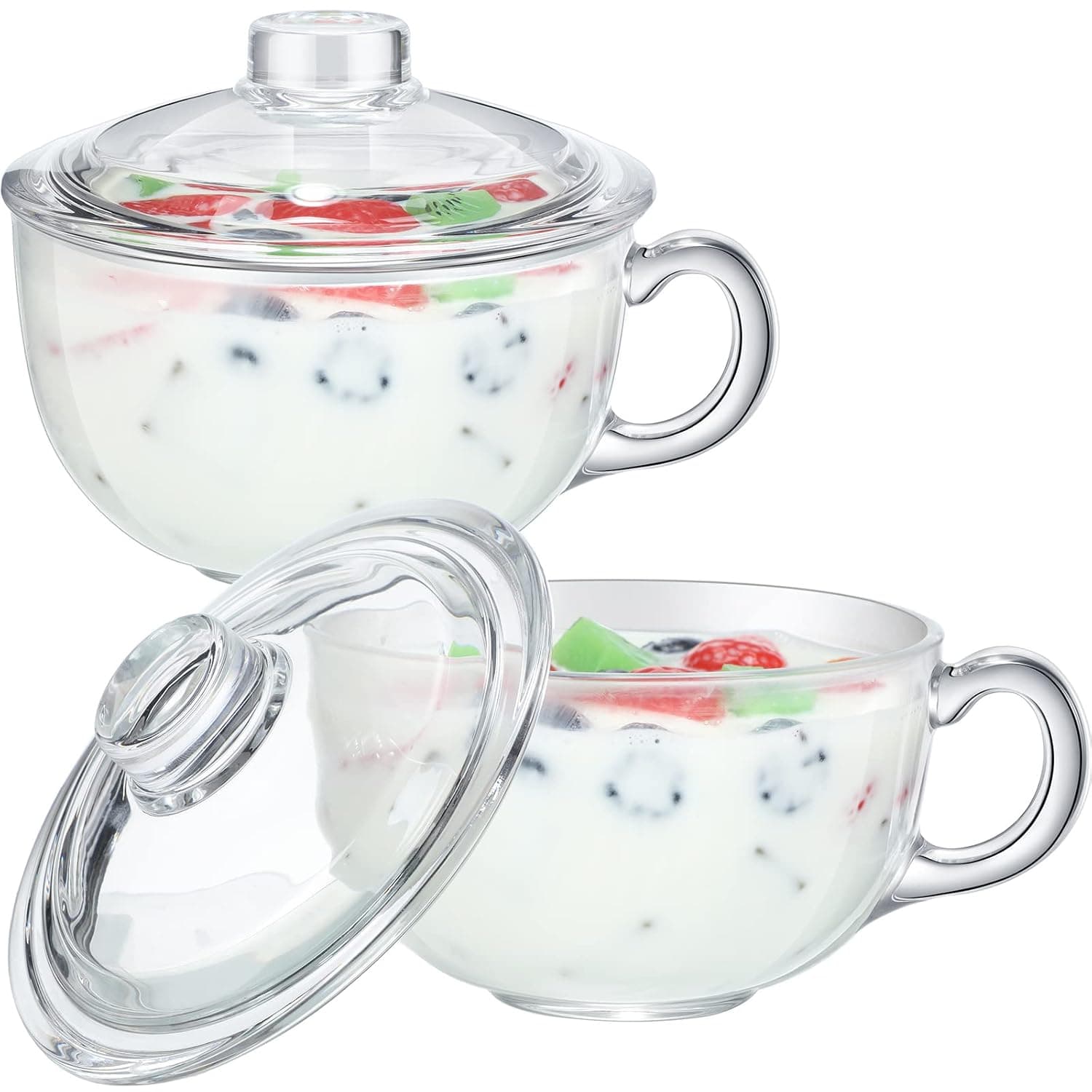 2 Pieces Glass Ramen Bowls with Lid and Handle, Microwave Safe, Glass, Soup Bowl, Mixing Glass, Transparent, Cooking, Cereal Bowls, Breakfast Bowls for Pasta, Soup, Cereal, Fruit (600ml)