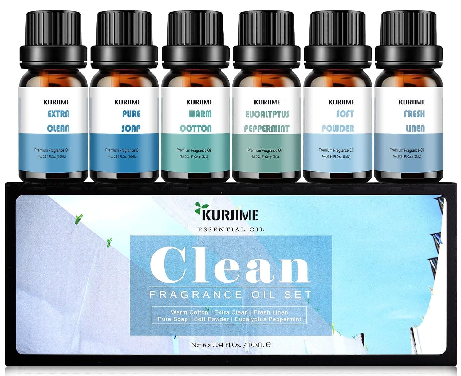Essential Oils Set, Clean Scents Fragrance Oil Essential Oils for Diffuser Aromatherapy | Fresh Linen, Extra Clean, Warm Cotton, Soft Powder, Pure Soap, Eucalyptus Peppermint, 6x10ml