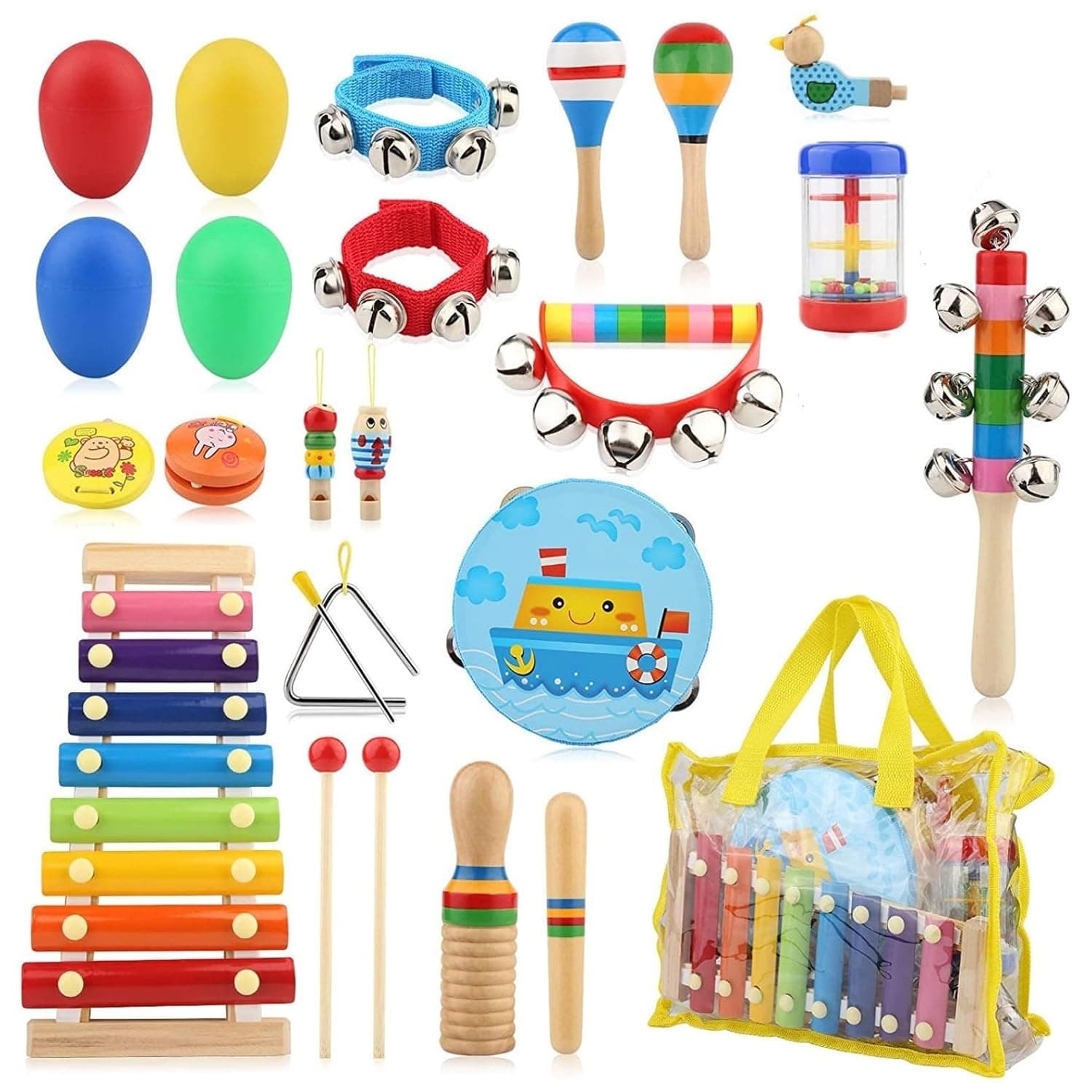 Andanna Kids Musical Instruments for Toddlers,25 Pcs 13 Types Wooden Musical Toys Set for Toddlers Age 3-4 with Xylophone,Preschool Educational Musical Toys for Boys and Girls with Storage Bag(25 Pcs)