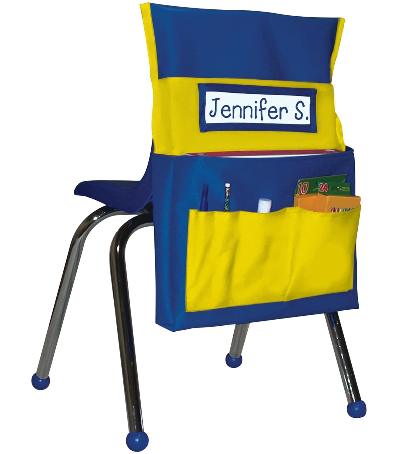Carson Dellosa 15"W x 19"H Blue and Yellow Chairback Buddy, Desk Chair Back Pocket Organizer for School Supplies With Name Tag, Classroom Organization and Storage