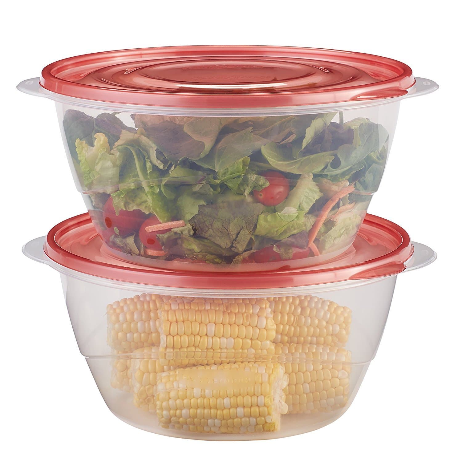 Rubbermaid TakeAlongs Serving Bowl Food Storage Containers with Lids, 2-Pack, clear base and red Quik Clik Seal lids, BPA-free plastic, stackable, microwave-safe bases, freezer and dishwasher safe