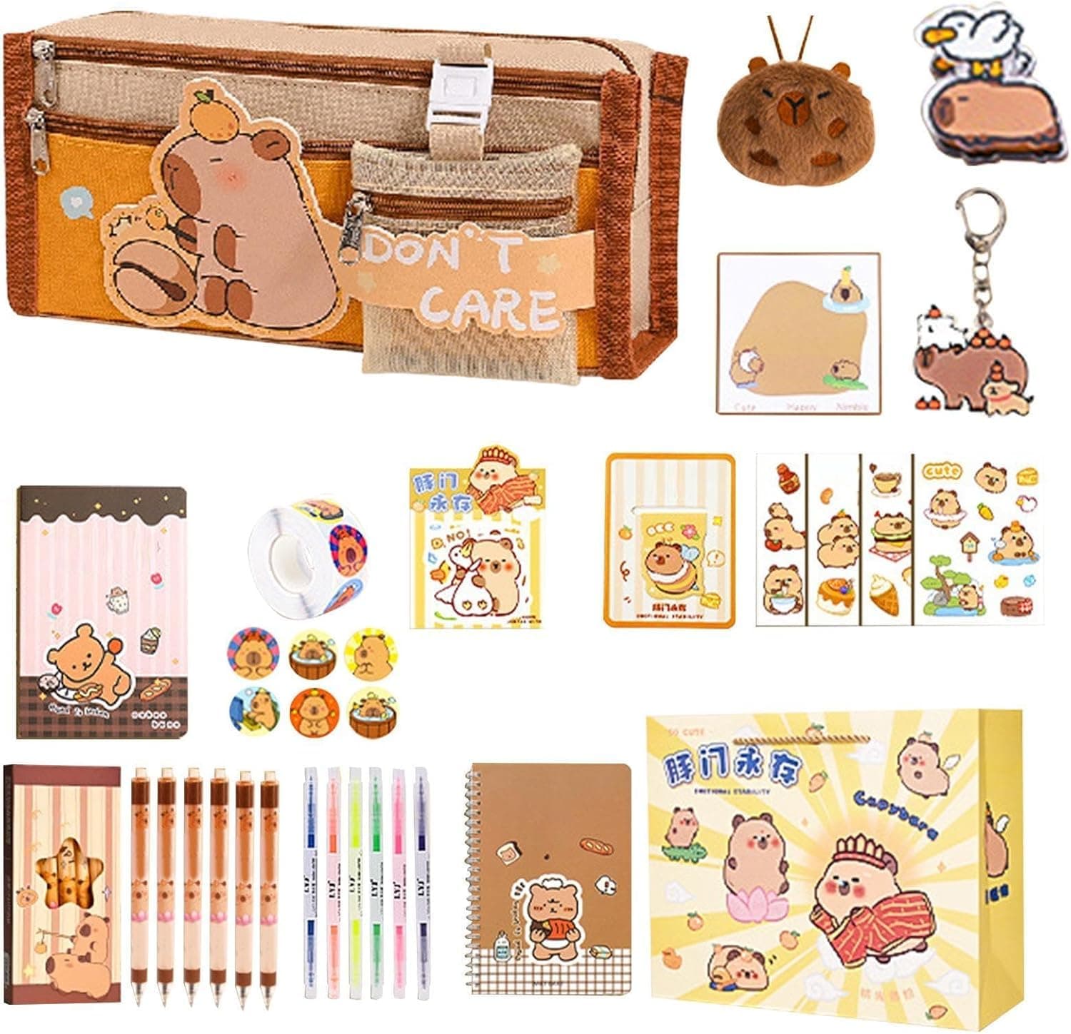 Capybara Stationery Gift Set, Includes Pencil Case, Ballpoint Pens, Highlighters, Notebooks, Stickers, Keychain, and More, Cute and Durable School Supplies for Students, Ideal for School and Home