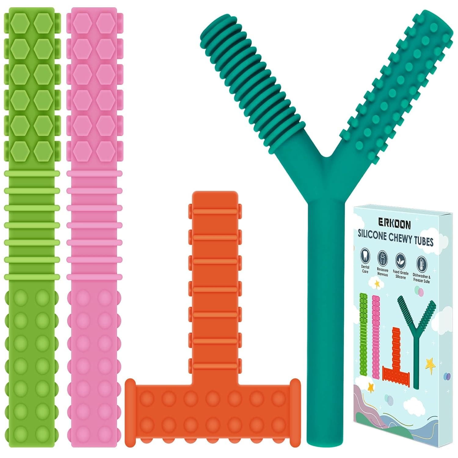ERKOON Sensory Chew Toys for Autistic Children, 4 Pack Silicone Chewy Tube Oral Motor Tools for Sensory Kids with Autism, Biting, ADHD, SPD, Chewies with Special Needs, Teething Sticks Toys
