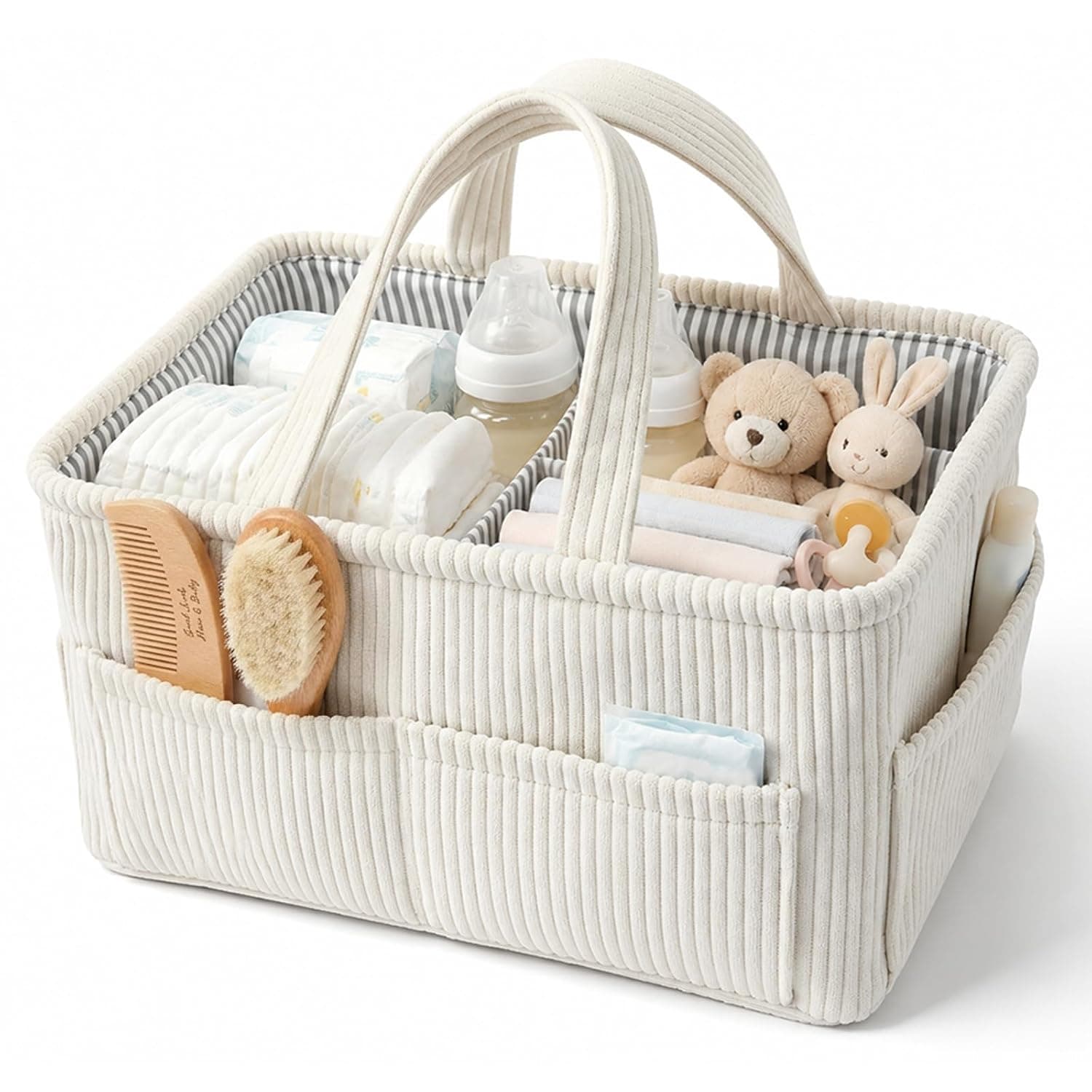 Corduroy Baby Nappy Caddy Organiser, Beige, 35x25x18cm, Multi-Pocket Nursery Storage Basket with 4 Outer Pockets, Portable Diaper Caddy for Changing Table, Newborn Essentials, 1 Pack