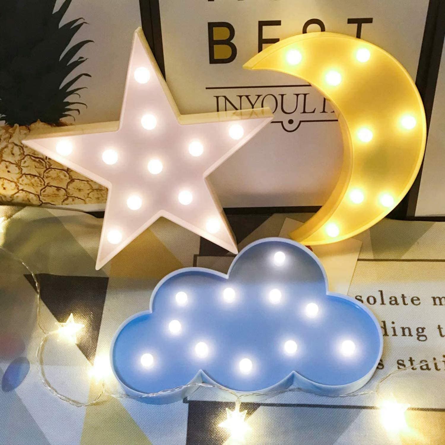 KASTWAVE Night Light, LED Cute Moon Star and Cloud Shaped Marquee Decorations Sign Light Operated Table Lamp for Kids Children Bedroom Lighting Birthday Party Decor