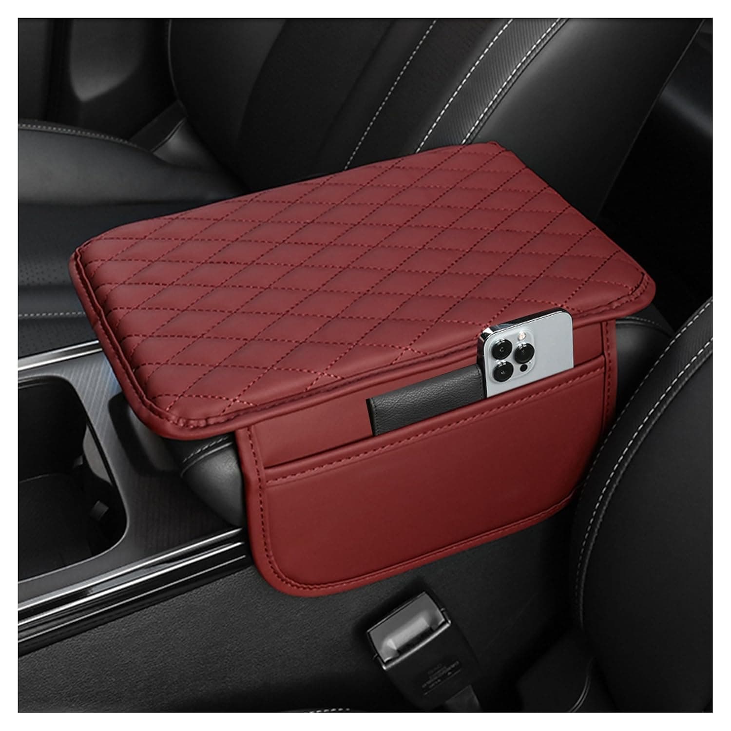 Stacool Upgraded Car Center Console Cover,Microfiber Leather Car Armrest Cover Cushion with 2 Storage Bags,Universal Car Armrest Storage Box Car Interior Accessories for Most Vehicles (Red)