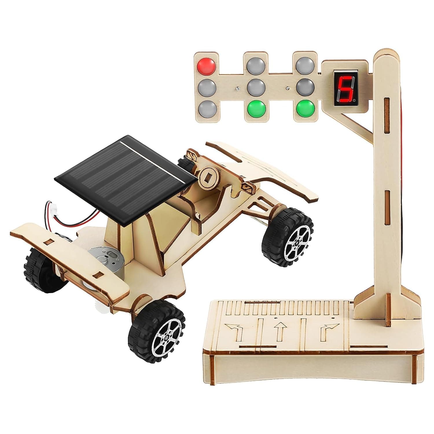 Electic Car STEM Science Toy Set, Electric Building Toys for Kids Ages 7-14, 3D Wooden Puzzle Solar Car Model and Traffic Light Science Project, Educational Solar Power Experiment for Boys Girls