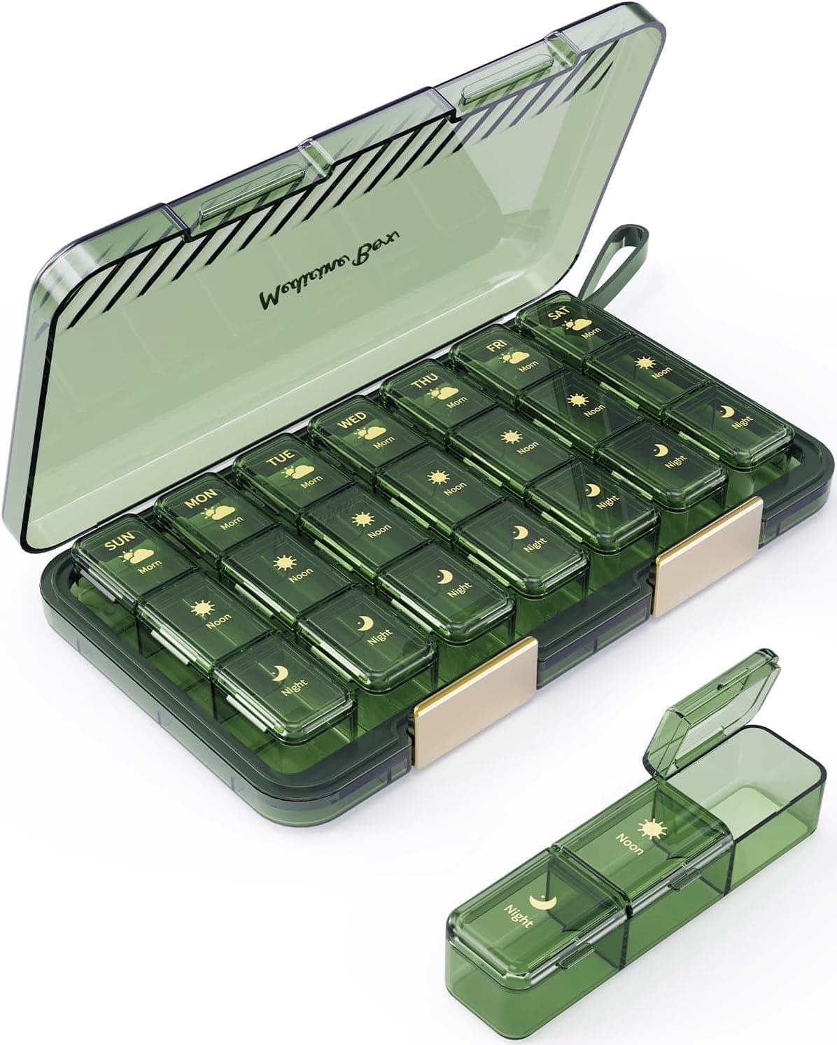 Portable Pill and Supplement Organizer,3 Times a Day Weekly,Luxury-Style,Airtight & Moisture-Proof, BPA-Free Pill Box for Pills, Vitamins, Fish Oil(Green)