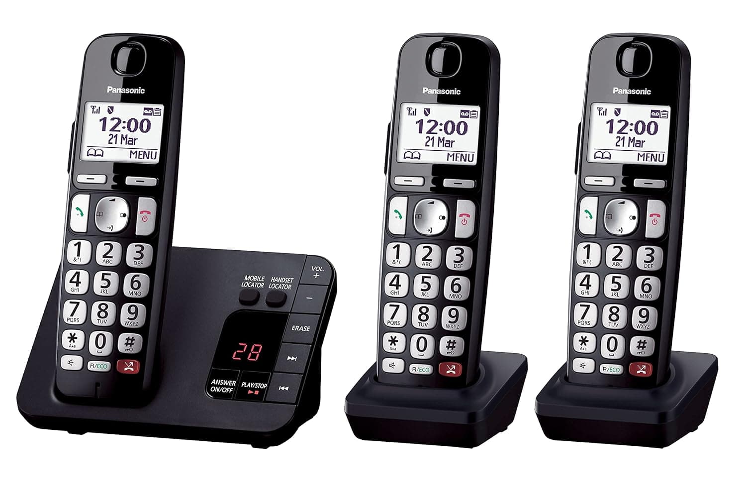 باناسونيك هاتف رقمي لاسلكي من KX-TGE823EB، جهاز الرد على المكالمات لمدة 40 دقيقة مع خاصية حظر المكالمات المزعجة ومفتاح مخصص، صوت مضخم ثلاثي، اسود