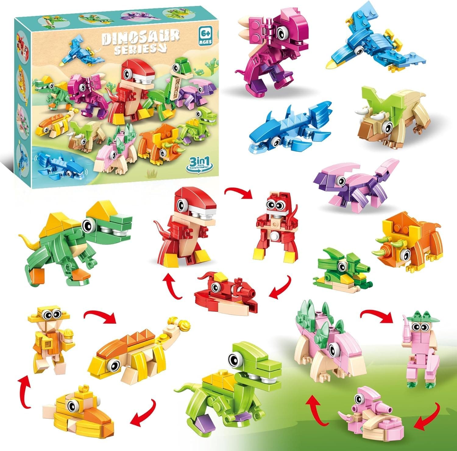 12 Packs 36 Kinds of Dinosaurs Building Blocks Toy DIY Animal Sets for Kids Ages 6-12 Safe Non-Toxic Durable ABS Material Smooth Surface for Classroom Prizes Birthday Party Favors Boys & Girls