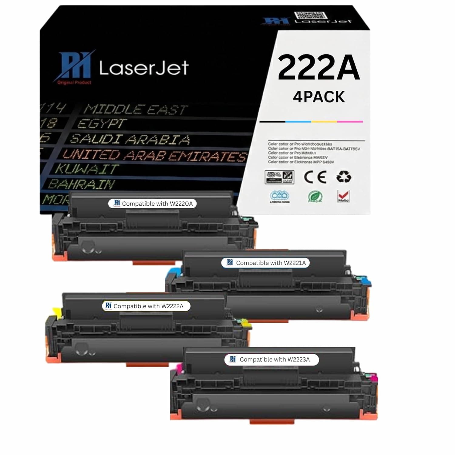 PH 222A Compatible 4 Color Toner Set with Chip High Yield Laser Toner Cartridge Replacement for W2220A W2221A WW2222A W2223A Color LaserJet Pro 3201 3204 3288 3303 Printers
