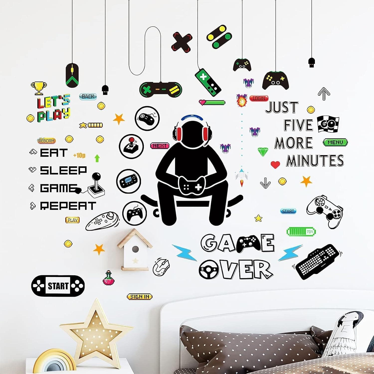 Aputue Gamer Wall Decals, 6 Sheets 9.8x13.7 Inch Removable Waterproof PVC Pre-Cut Wall Stickers, DIY Kids Game Room Decor, Peel and Stick Boys Bedroom Decal, Vivid Video Game Atmosphere