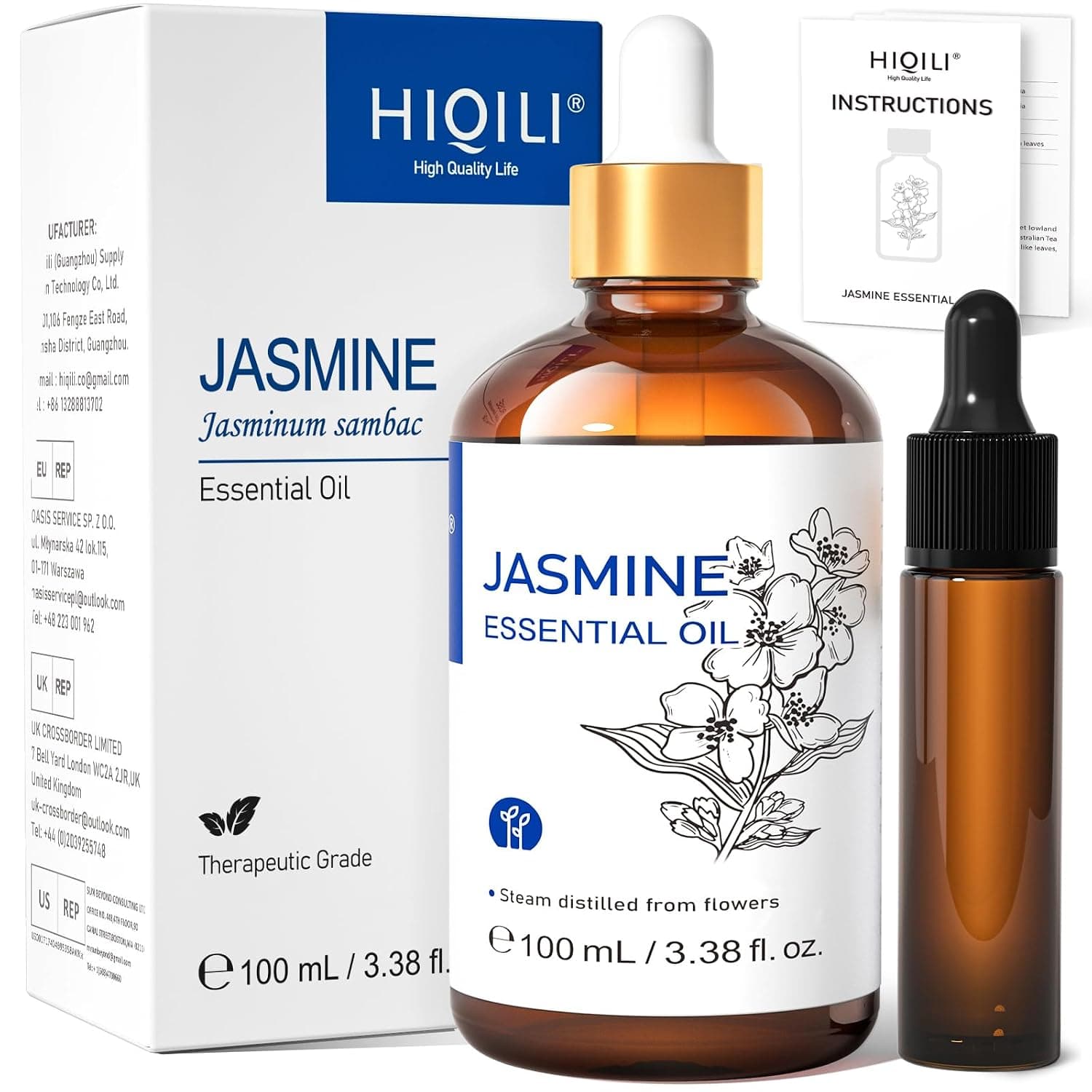 HIQILI Jasmine Essential Oil, Premium Quality Pure & Natural, for Diffuser, Sleeping, Massage, Skin Care, Perfume, Shampoo, Aromatherapy - 3.38 FL Oz | Soft Floral Scent For Massage, Nourish Hair & Complexion, Ideal For Diffuser & DIY Fragrance - 100mL / 3.38 Fl Oz