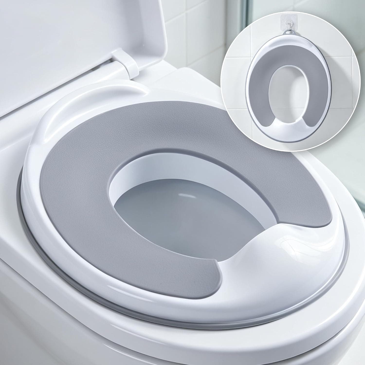 SKY-TOUCH Potty Training Toilet Seat, Toddler Kids Toilet Trainer Ring Potty With Soft Seat Cushion, Splash Guard, Secure Anti-Slip Toddler Toilet Seat, Washable - White, 38x31x9cm