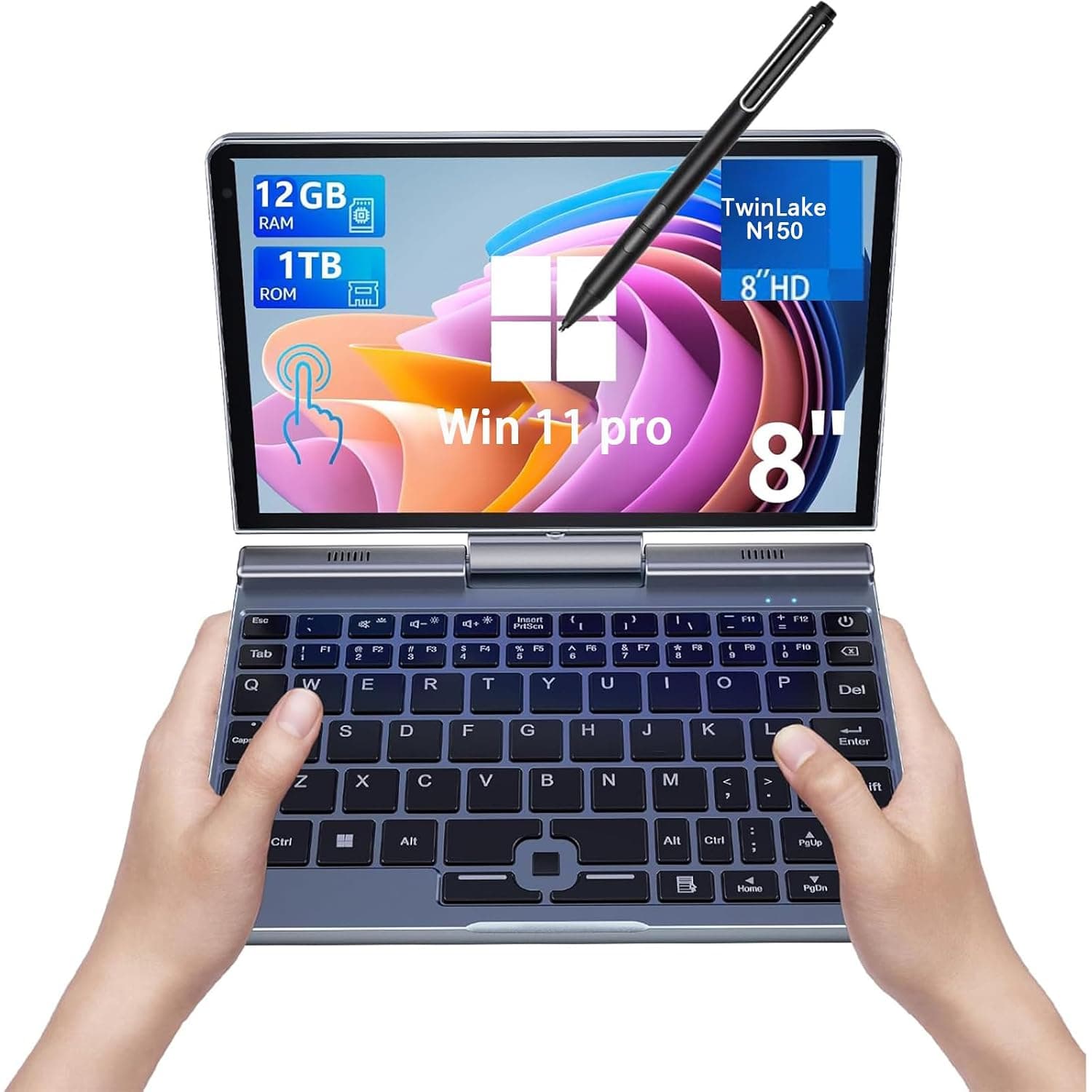 8 Inch Touchscreen Laptop, Mini Laptops 2 in 1 Laptop with Keyboard 12 GB LPDDR5-RAM, 512 GB/1 TB SSD, Wi-Fi 6, BT 5.2, HDMI, 2 MP Camera, Convertible Notebook (N150-12GB+1TB)