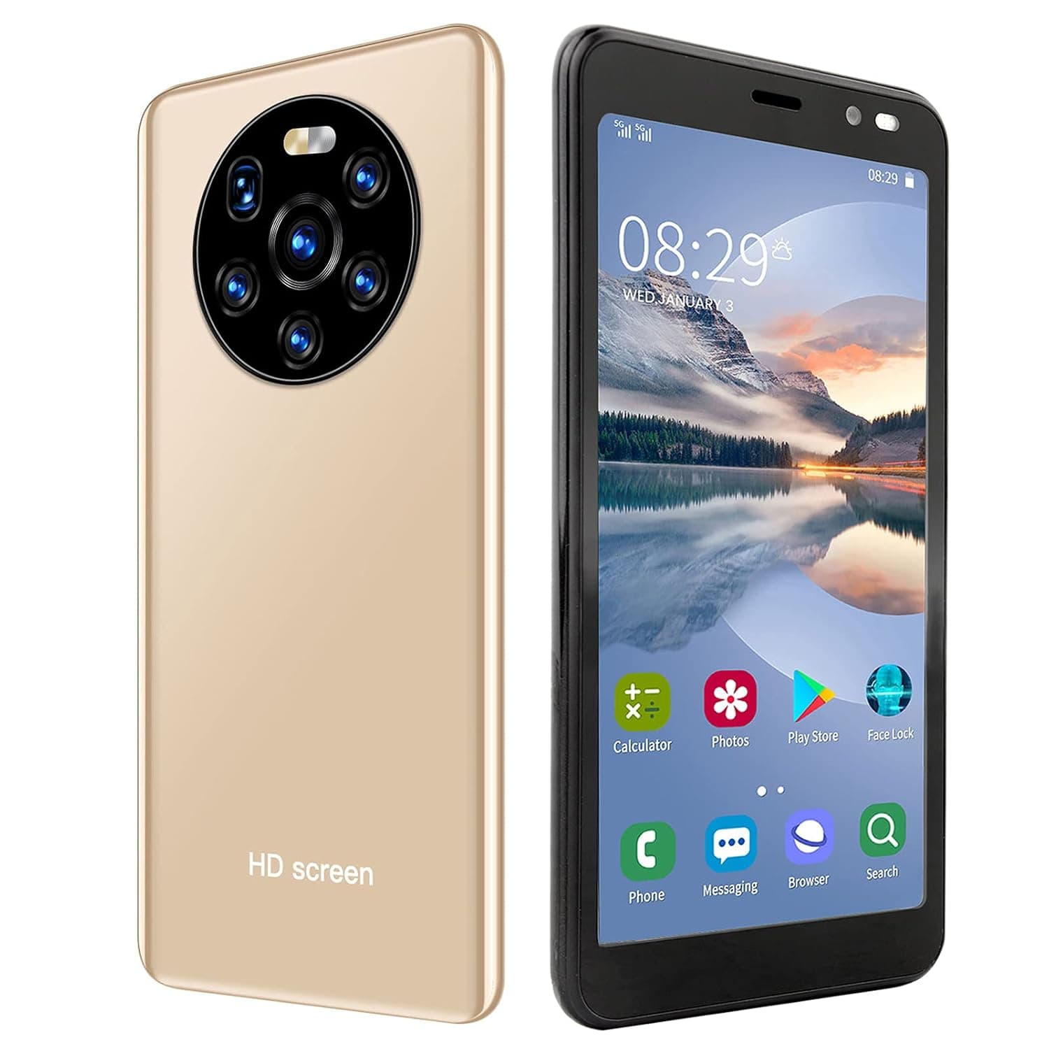 LANDVO Mate40 Pro Smartphone, 5.45in HD Screen Phone Dual Card Dual Standby Smart Phone High‑definition Six Cameras Smartphone 512MB+4GB for Android 4.4.2(gold)