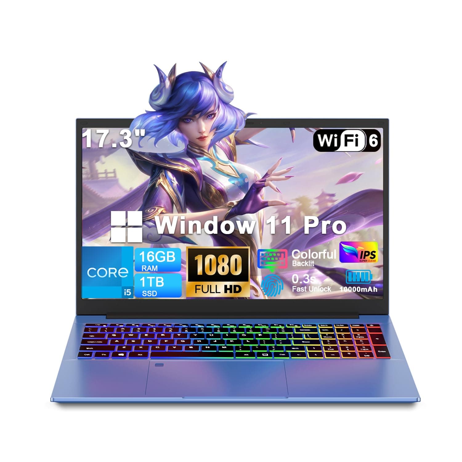 XNQ Laptop Computer, 17.3 Inch Gaming, Win 11 Pro Lap Top, Core i5 Turbo 3.80GHz, 16GB RAM 1TB SSD, 1TB TF Expand, 10000mAh Battery, WiFi6 BT5, 1080 FHD, Colorful Backlit, Fingerprint, 2MP Privacy Cam