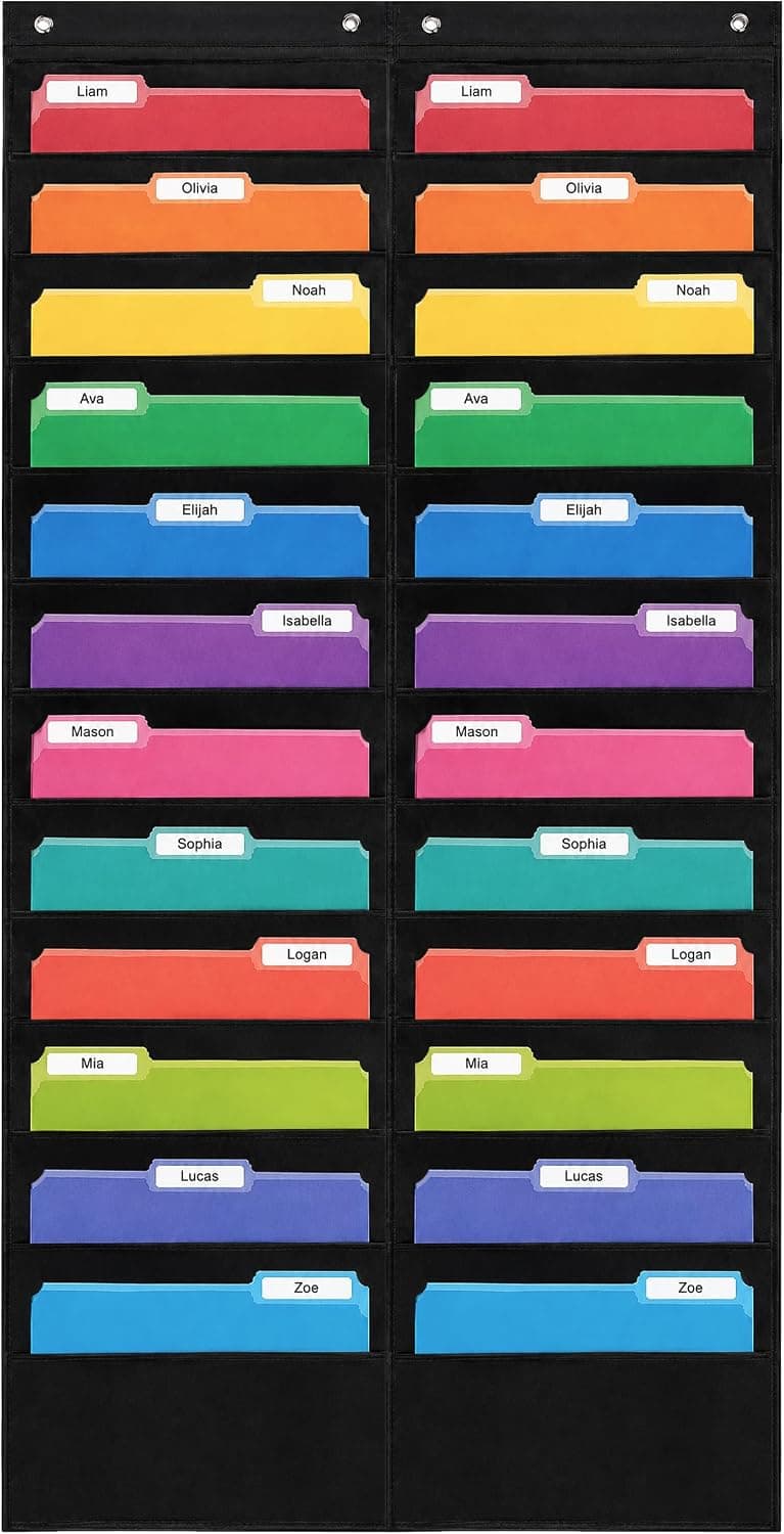 Essex Wares - 24 Pocket File Pocket Chart, Black, 28" x 55" | Versatile Wall Hanging File Folder Organizer for Classrooms, Offices, Home, and More - Wall Folder Organizer