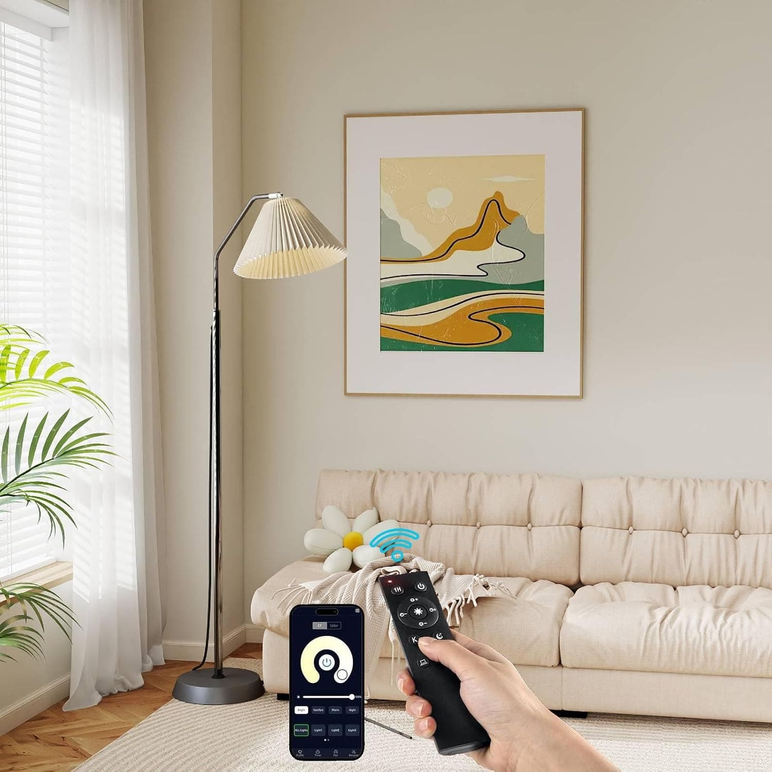 Floor Lamp for living room, Pleated Long floor Lamp 3 Color Temperature & Dimmable Brightness LED Lamp with Remote & App Control, Night Light & Timer Function, Mordern Sranding Lamp for Home Office