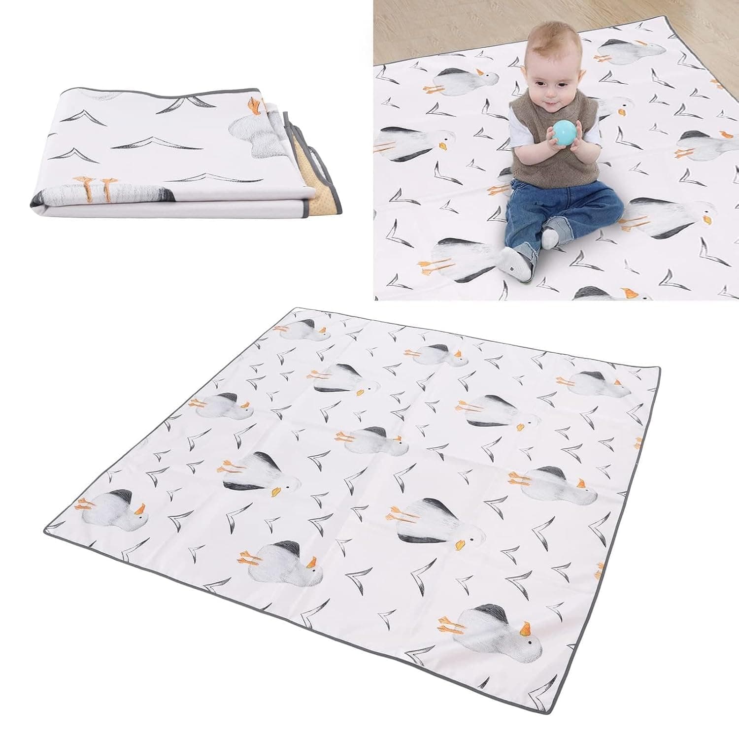 2 In 1 Splash Mat for Under Highchair, 51x51 Inch Mess Mat, Waterproof Non-Slip Floor Protector for High Chair – Foldable, Easy-Clean, Multi-Use Floor Mat for Kids and Families(Seagull Pattern)