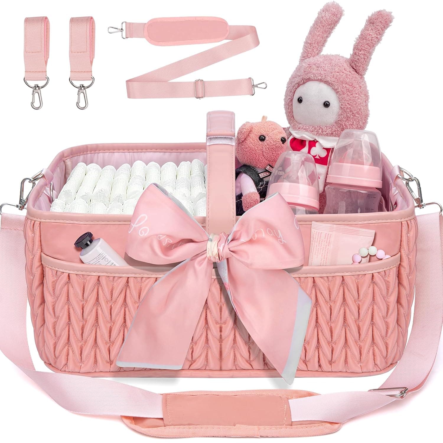 Baby Diaper Caddy Organizer —Large diaper basket, Portable Storage for Diapers and Wipes, Prefect for Nursery Storage, Essentials Gift for Baby Shower Pink