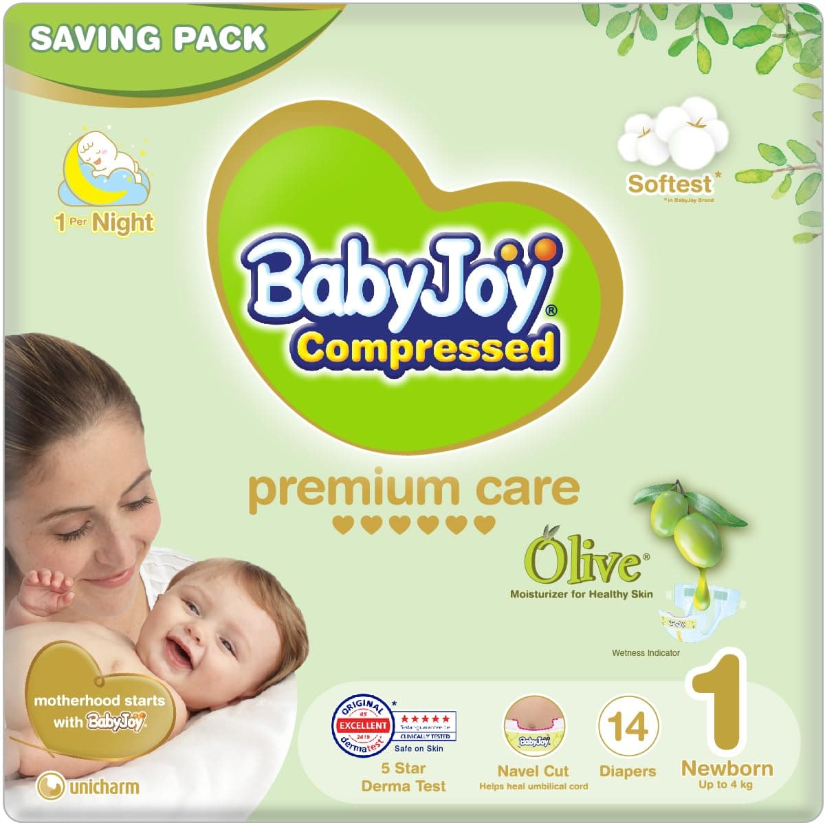 BabyJoy Olive Diapers 14-Pieces Saving Pack, Newborn