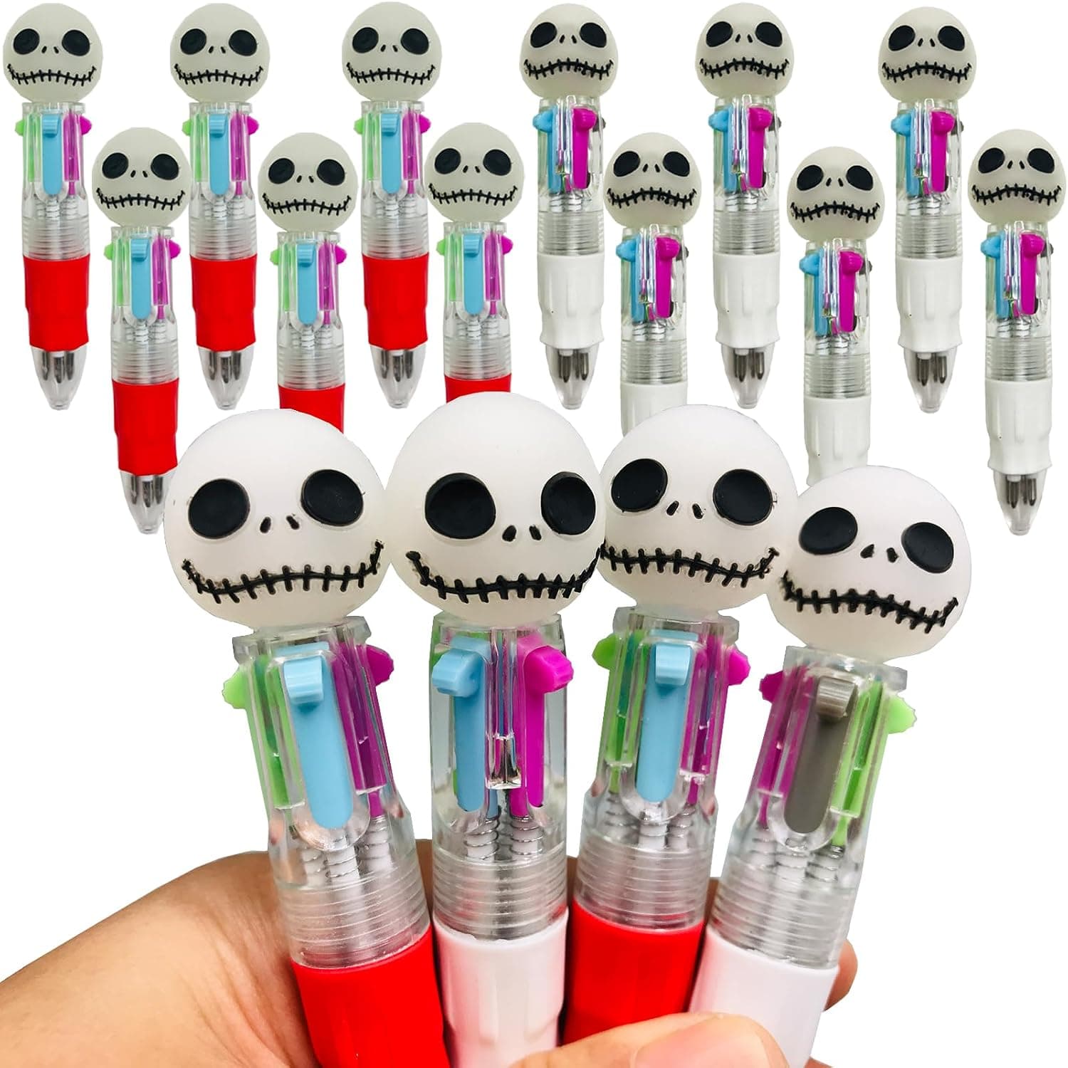 12Pcs Mini Halloween Multicolor Pen in One 4-in-1 Cute Pumpkin Ghost Skull Bat Shape Pens Assorted Ink Ballpoint Pens for Kids Gift Student Present School Supplies Party favors (Skull)