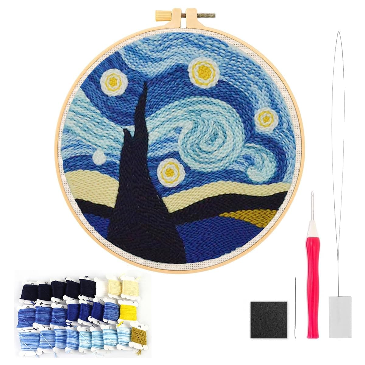 HANNEA® DIY Punch Needle Art Kit Beginners DIY Starry Night Punch Needle Art with Embroidery Punch Needles, Tutorial, 20x20cm Embroidery Hoop, DIY Art Gift for Kids Adults Children's Day Art Gift