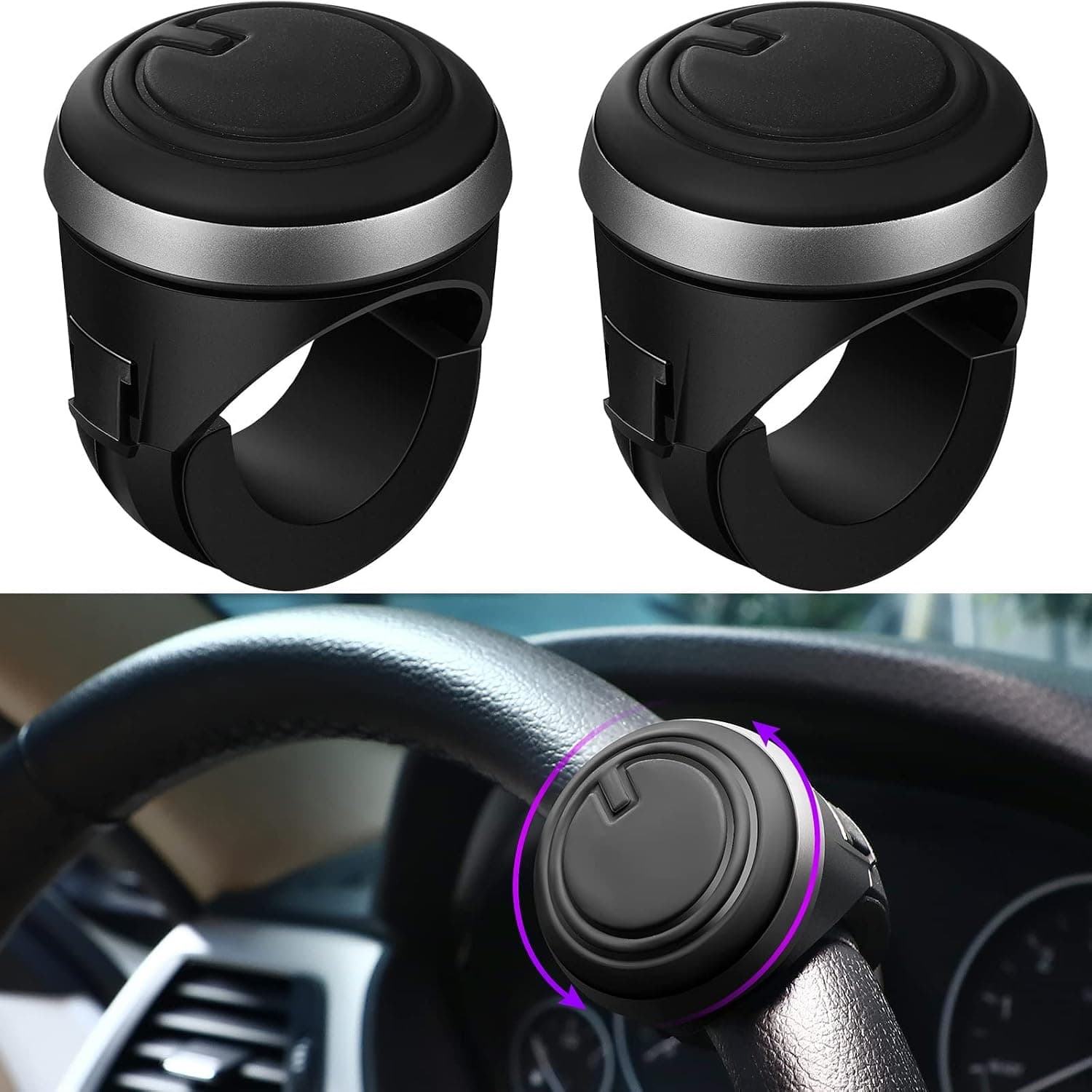 Steering Wheel Knob Steering Wheel Spinners, 360 Degrees Rotation Spinner Knob for Steering Wheel with Silicone Surface and Metal Bearings for Driving Turning Cars Trucks (Black, 2Pcs)