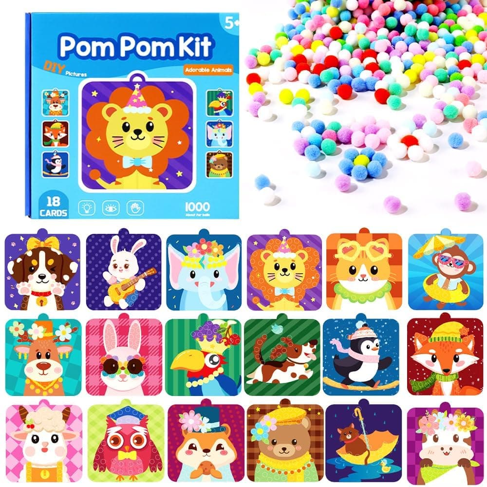 Pom Poms Crafts Kit, All in One DIY Craft Set with Pompoms and Animal Dress Up Materials, Creative Handcraft Art Supplies for Girls Boys, Includes 2 Tweezers for Easy Handling, Birthday Gift