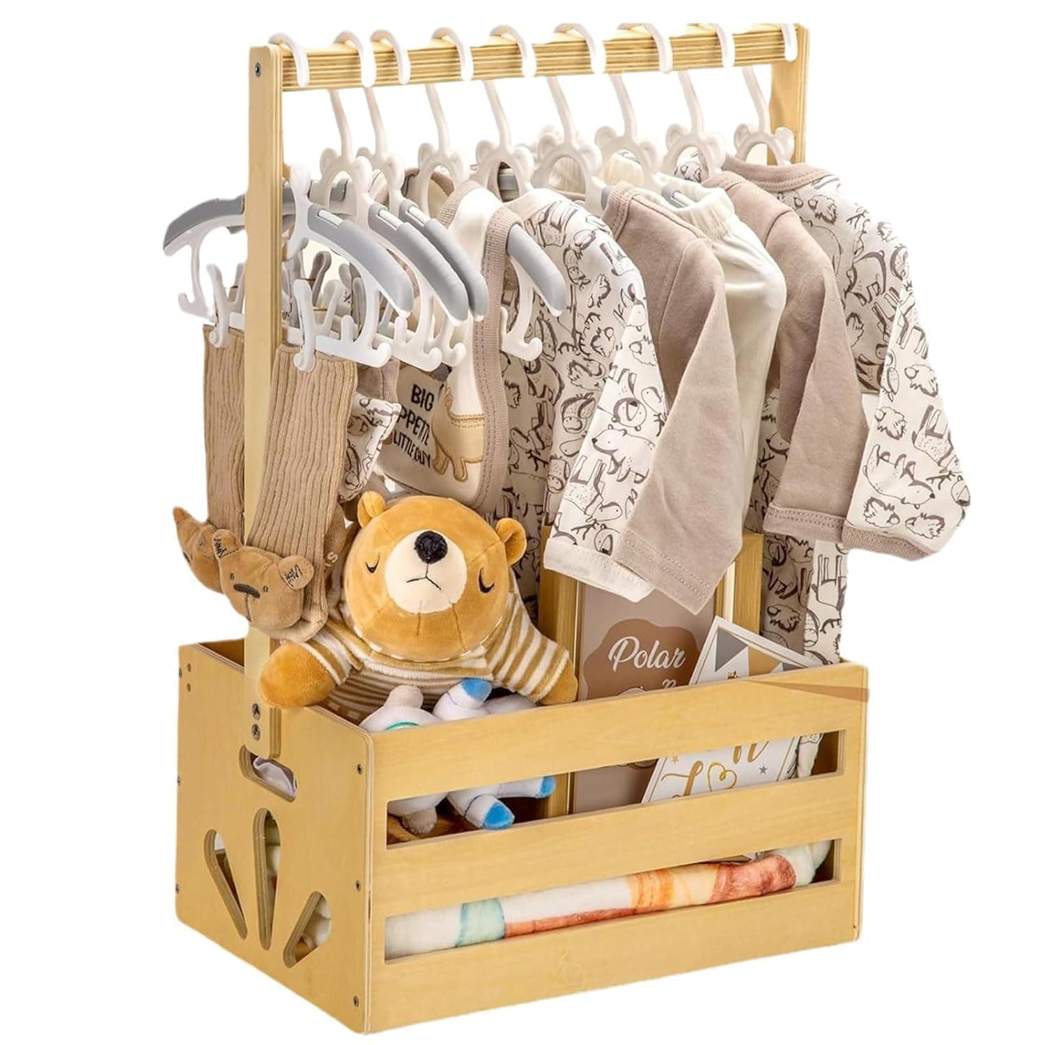 SooFam Wooden Baby Shower Crate Closet,Baby Storage Crate Closet with Handle,Clothes Hangers,Newborn Boy Girl Welcome Gift Basket,Easy Assembly Storage Basket